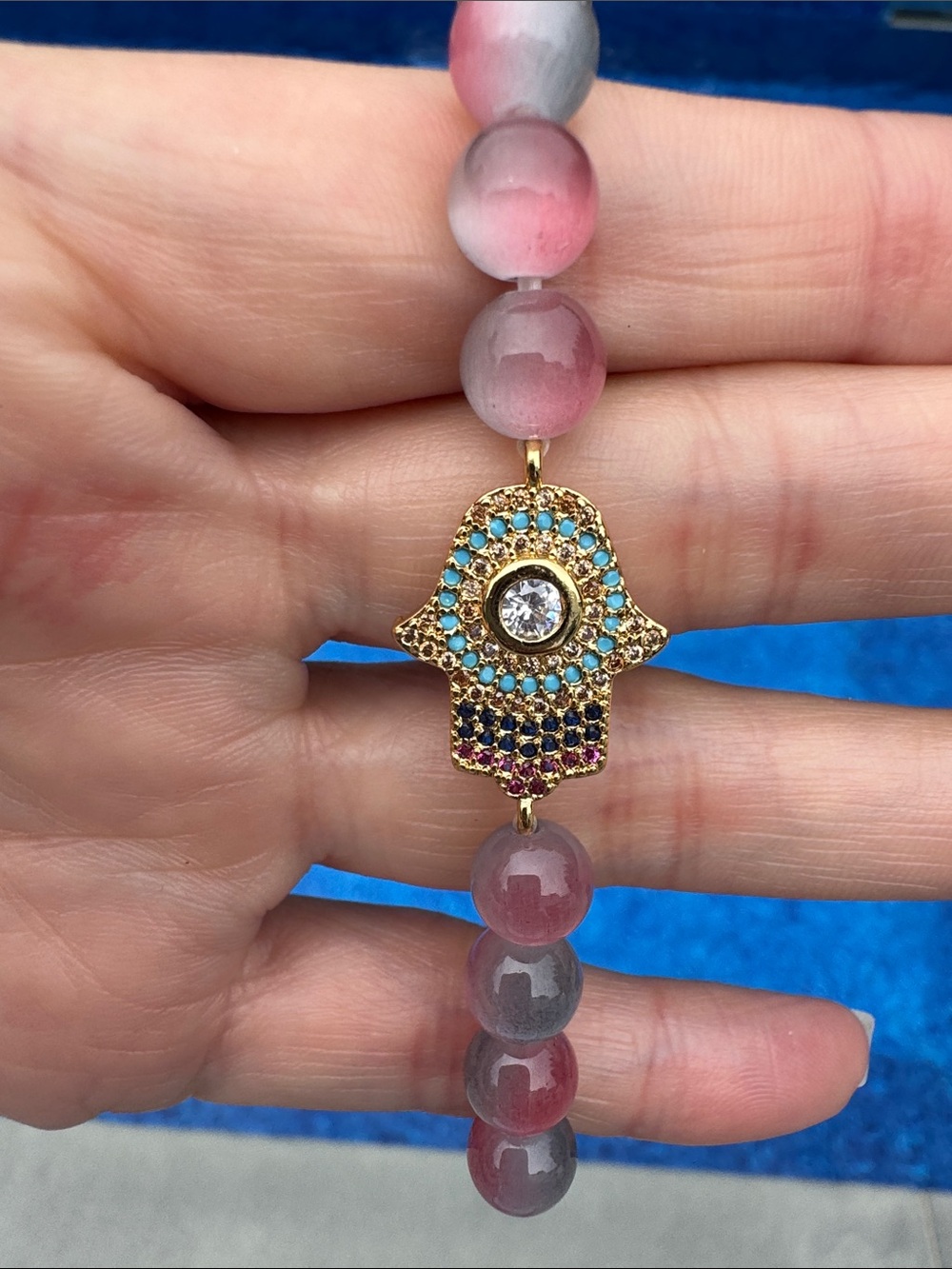 Hamsa 8mm pink grey beads bracelet stretchy